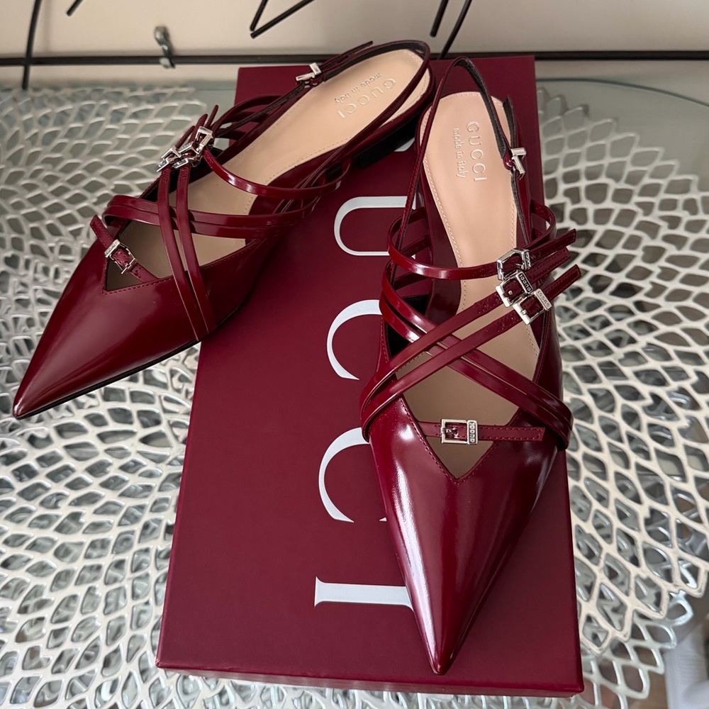 Gucci Seraphine Burgundy Leather Strappy Flat Slingback Shoe sz 37.5 New in Box - Picture 11 of 15